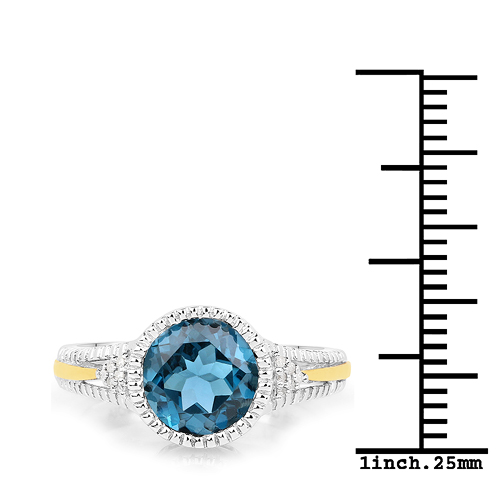 2.28 Carat Genuine London Blue Topaz and White Diamond 14K Yellow Gold with .925 Sterling Silver Ring