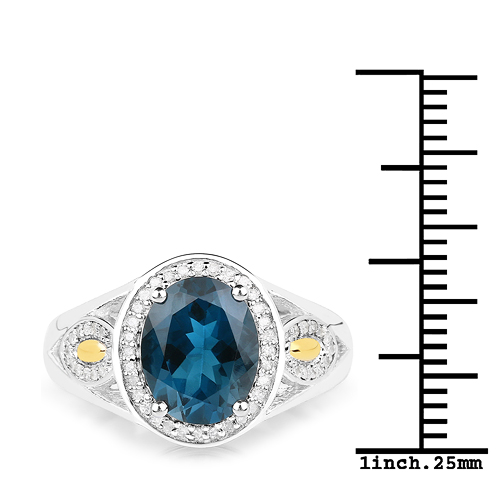 2.70 Carat Genuine London Blue Topaz and White Diamond 14K Yellow Gold with .925 Sterling Silver Ring
