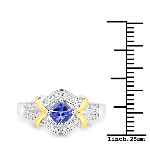 0.63 Carat Genuine Tanzanite and White Diamond 14K Yellow Gold with .925 Sterling Silver Ring