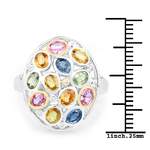 2.42 Carat Genuine Multi Sapphire 14K Yellow Gold with .925 Sterling Silver Ring