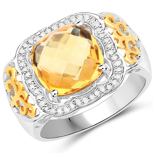 Citrine-3.63 Carat Genuine Citrine and White Diamond 14K Yellow Gold with .925 Sterling Silver Ring