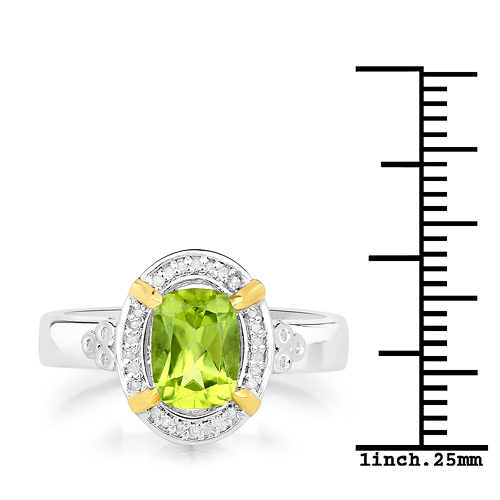 1.49 Carat Genuine Peridot and White Diamond 14K Yellow Gold with .925 Sterling Silver Ring