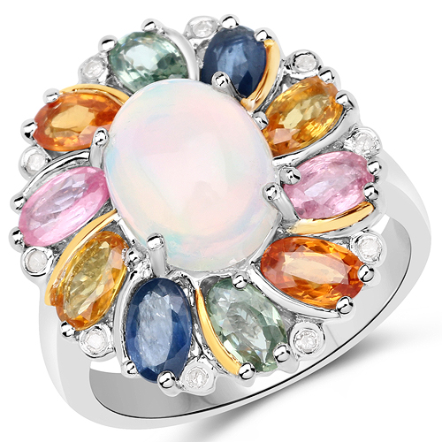 Opal-3.92 Carat Genuine Multi Stones 14K Yellow Gold with .925 Sterling Silver Ring
