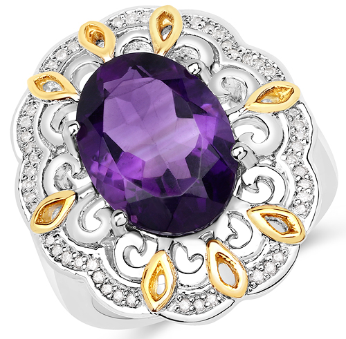 Amethyst-5.03 Carat Genuine Amethyst and White Diamond 14K Yellow Gold with .925 Sterling Silver Ring