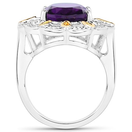 5.03 Carat Genuine Amethyst and White Diamond 14K Yellow Gold with .925 Sterling Silver Ring