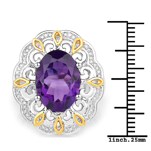 5.03 Carat Genuine Amethyst and White Diamond 14K Yellow Gold with .925 Sterling Silver Ring