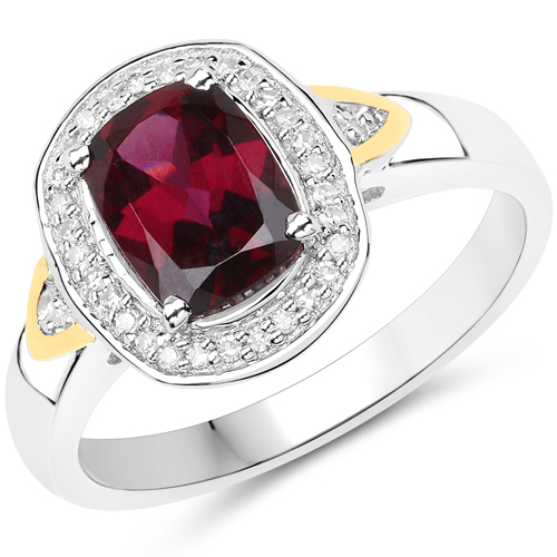 Rhodolite-1.84 Carat Genuine Rhodolite and White Diamond 14K Yellow Gold with .925 Sterling Silver Ring