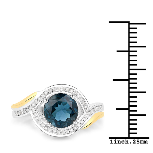 2.38 Carat Genuine London Blue Topaz and White Diamond 14K Yellow Gold with .925 Sterling Silver Ring