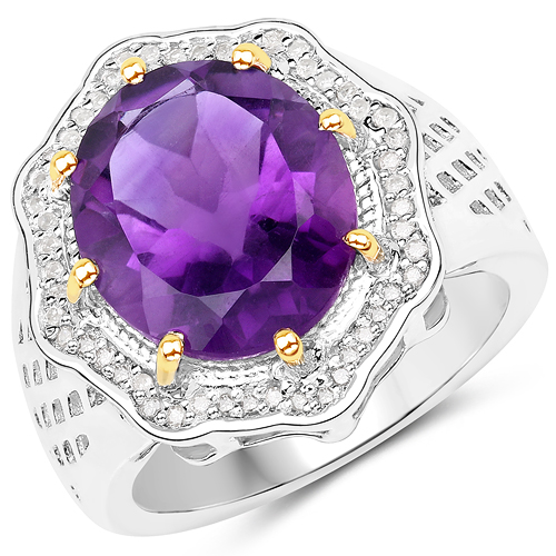 Amethyst-5.39 Carat Genuine Amethyst and White Diamond 14K Yellow Gold with .925 Sterling Silver Ring