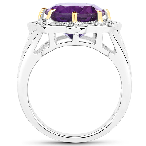 5.39 Carat Genuine Amethyst and White Diamond 14K Yellow Gold with .925 Sterling Silver Ring