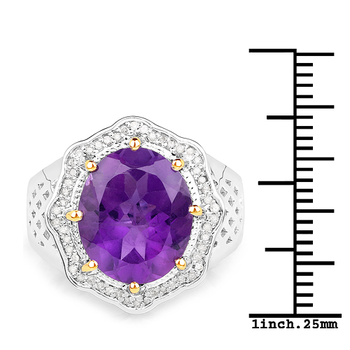 5.39 Carat Genuine Amethyst and White Diamond 14K Yellow Gold with .925 Sterling Silver Ring