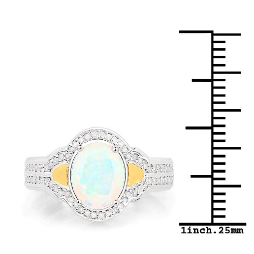 1.00 Carat Genuine Ethiopian Opal and White Diamond 14K Yellow Gold with .925 Sterling Silver Ring