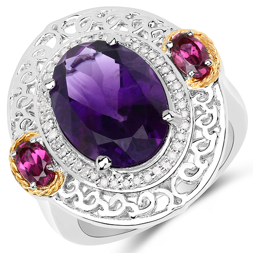 Amethyst-5.58 Carat Genuine Amethyst, Rhodolite and White Diamond 14K Yellow Gold with .925 Sterling Silver Ring
