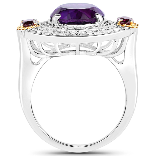 5.58 Carat Genuine Amethyst, Rhodolite and White Diamond 14K Yellow Gold with .925 Sterling Silver Ring