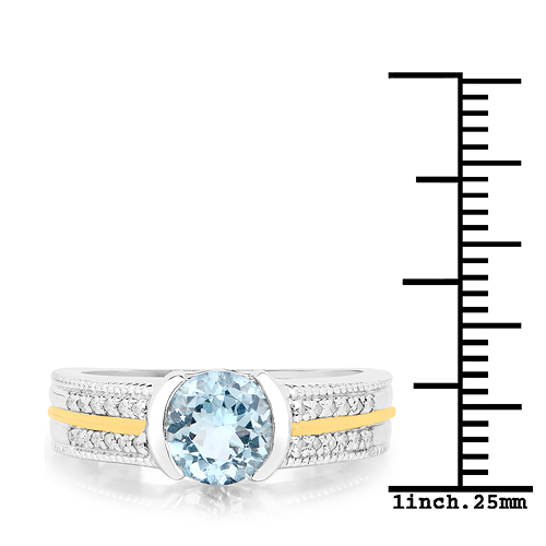 1.37 Carat Genuine Aquamarine and White Diamond 14K Yellow Gold with .925 Sterling Silver Ring