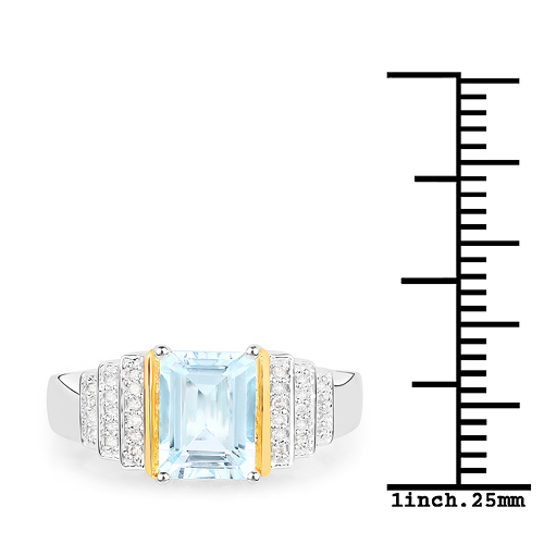 1.40 Carat Genuine Aquamarine and White Diamond 14K Yellow Gold with .925 Sterling Silver Ring