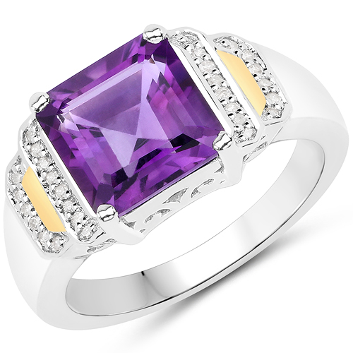Amethyst-3.58 Carat Genuine Amethyst and White Diamond 14K Yellow Gold with .925 Sterling Silver Ring