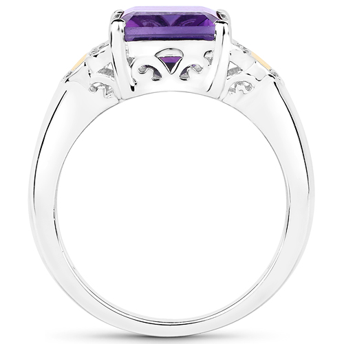 3.58 Carat Genuine Amethyst and White Diamond 14K Yellow Gold with .925 Sterling Silver Ring