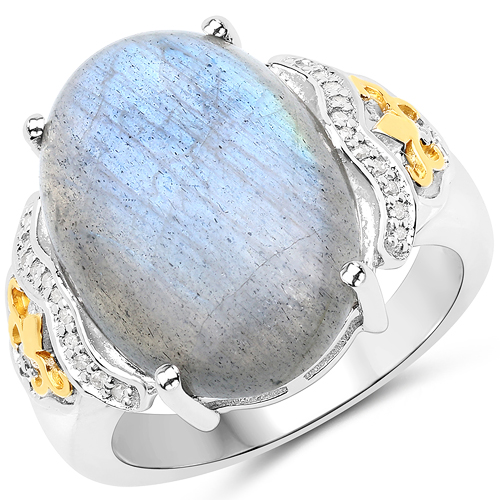 Rings-10.56 Carat Genuine Labradorite and White Diamond 14K Yellow Gold with .925 Sterling Silver Ring