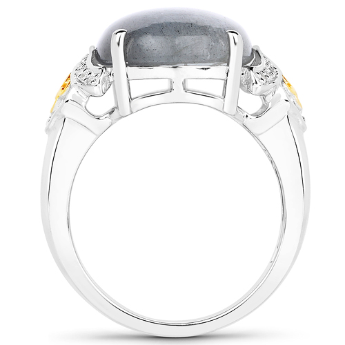 10.56 Carat Genuine Labradorite and White Diamond 14K Yellow Gold with .925 Sterling Silver Ring