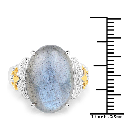 10.56 Carat Genuine Labradorite and White Diamond 14K Yellow Gold with .925 Sterling Silver Ring