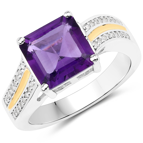 Amethyst-3.10 Carat Genuine Amethyst and White Diamond 14K Yellow Gold with .925 Sterling Silver Ring