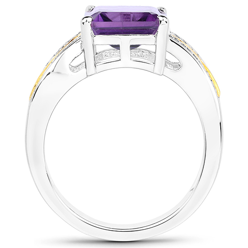 3.10 Carat Genuine Amethyst and White Diamond 14K Yellow Gold with .925 Sterling Silver Ring