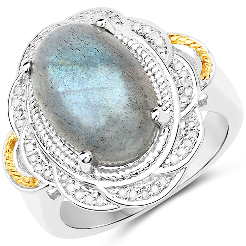 Rings-6.12 Carat Genuine Labradorite and White Diamond 14K Yellow Gold with .925 Sterling Silver Ring