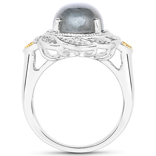 6.12 Carat Genuine Labradorite and White Diamond 14K Yellow Gold with .925 Sterling Silver Ring