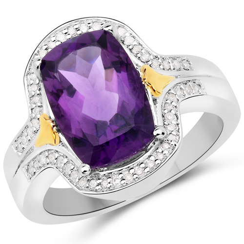 Amethyst-3.43 Carat Genuine Amethyst and White Diamond 14K Yellow Gold with .925 Sterling Silver Ring
