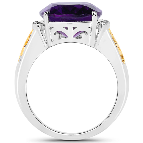 7.64 Carat Genuine Amethyst and White Diamond 14K Yellow Gold with .925 Sterling Silver Ring
