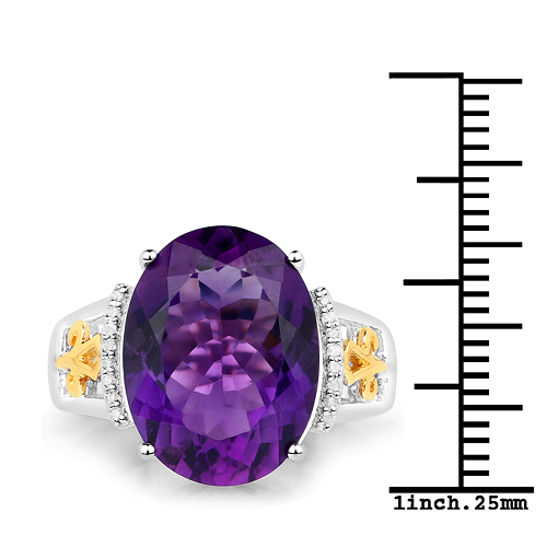 7.64 Carat Genuine Amethyst and White Diamond 14K Yellow Gold with .925 Sterling Silver Ring