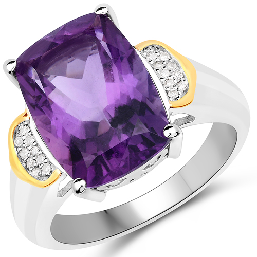 Amethyst-4.85 Carat Genuine Amethyst and White Diamond 14K Yellow Gold with .925 Sterling Silver Ring