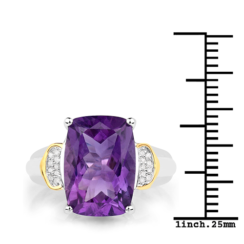 4.85 Carat Genuine Amethyst and White Diamond 14K Yellow Gold with .925 Sterling Silver Ring