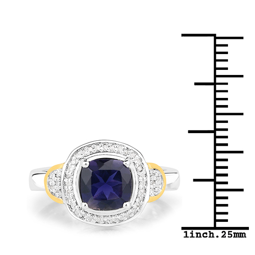 1.01 Carat Genuine Iolite and White Diamond 14K Yellow Gold with .925 Sterling Silver Ring
