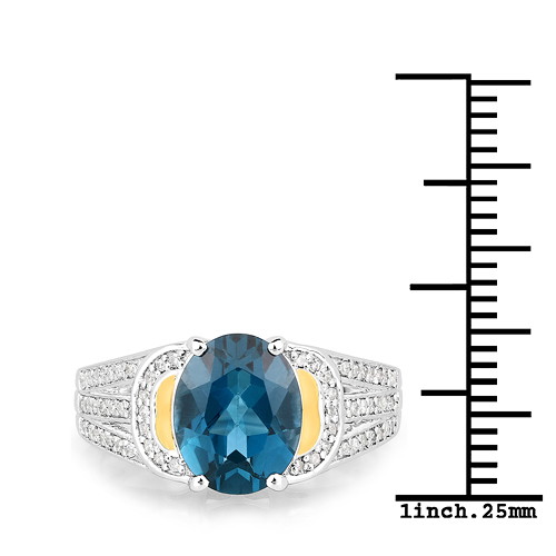 2.71 Carat Genuine London Blue Topaz and White Diamond 14K Yellow Gold with .925 Sterling Silver Ring