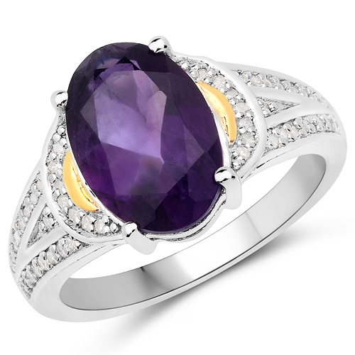 Amethyst-3.13 Carat Genuine Amethyst and White Diamond 14K Yellow Gold with .925 Sterling Silver Ring