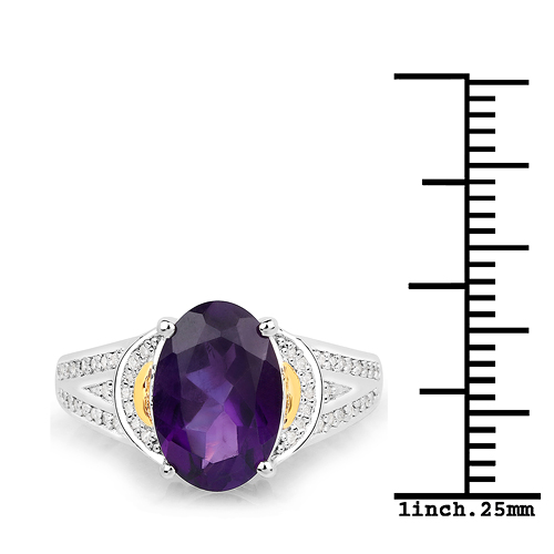 3.13 Carat Genuine Amethyst and White Diamond 14K Yellow Gold with .925 Sterling Silver Ring
