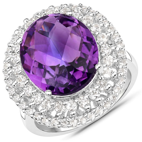 Amethyst-8.41 Carat Genuine Amethyst and White Topaz .925 Sterling Silver Ring