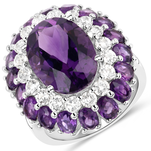 10.02 Carat Genuine Amethyst and White Topaz .925 Sterling Silver Ring