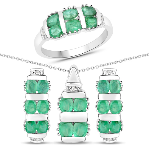 Jewelry Sets-3.33 Carat Genuine Zambian Emerald and White Topaz .925 Sterling Silver 3 Piece Jewelry Set (Ring, Earrings, and Pendant w/ Chain)