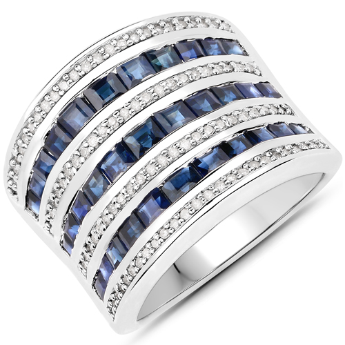 Sapphire-3.44 Carat Genuine Blue Sapphire and White Diamond .925 Sterling Silver Ring