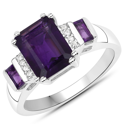Amethyst-2.35 Carat Genuine Amethyst and White Zircon .925 Sterling Silver Ring