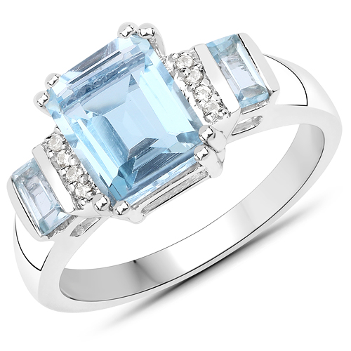 Rings-2.87 Carat Genuine Blue Topaz and White Zircon .925 Sterling Silver Ring
