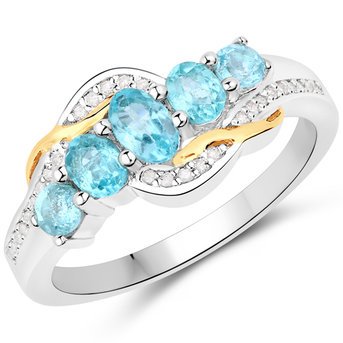 Rings-0.89 Carat Genuine Apatite and White Diamond .925 Sterling Silver Ring