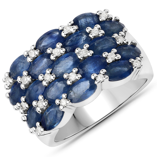 Sapphire-3.96 Carat Genuine Blue Sapphire and White Diamond .925 Sterling Silver Ring