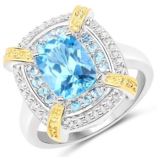 Rings-2.61 Carat Genuine Swiss Blue Topaz and White Diamond .925 Sterling Silver with 14K Yellow Gold Ring