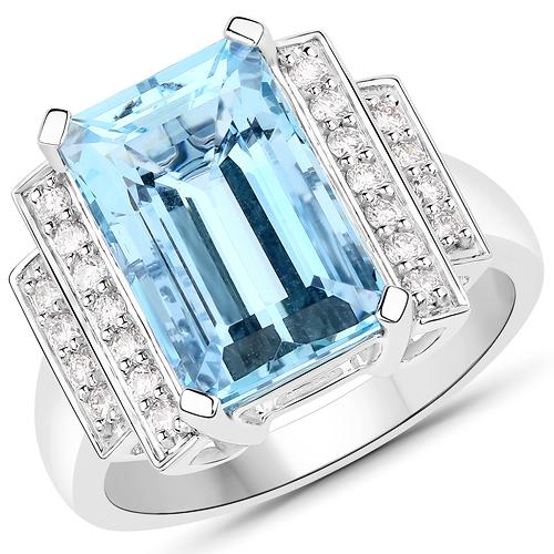Rings-5.87 Carat Genuine Aquamarine and White Diamond 14K White Gold Ring