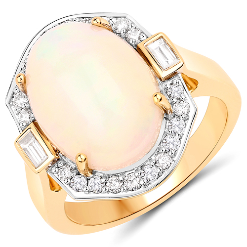 Opal-5.76 Carat Genuine Ethiopian Opal and White Diamond 14K Yellow Gold Ring
