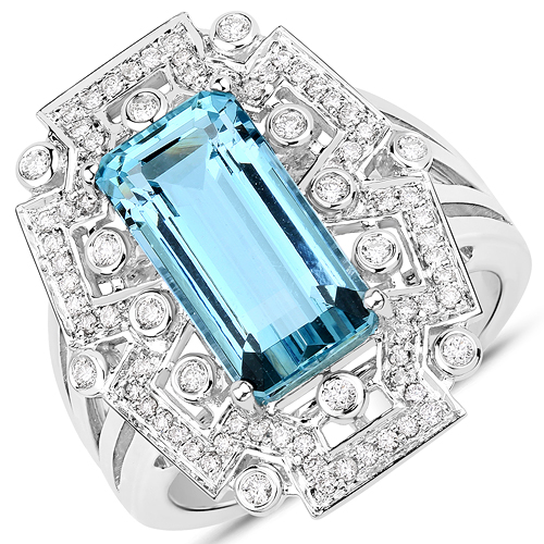 4.95 Carat Genuine Aquamarine and White Diamond 14K White Gold Ring